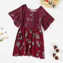 Shein Girls Flower Print Pleated Tunic Dress