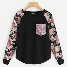Shein Floral Raglan Sleeve Pocket Front Tee