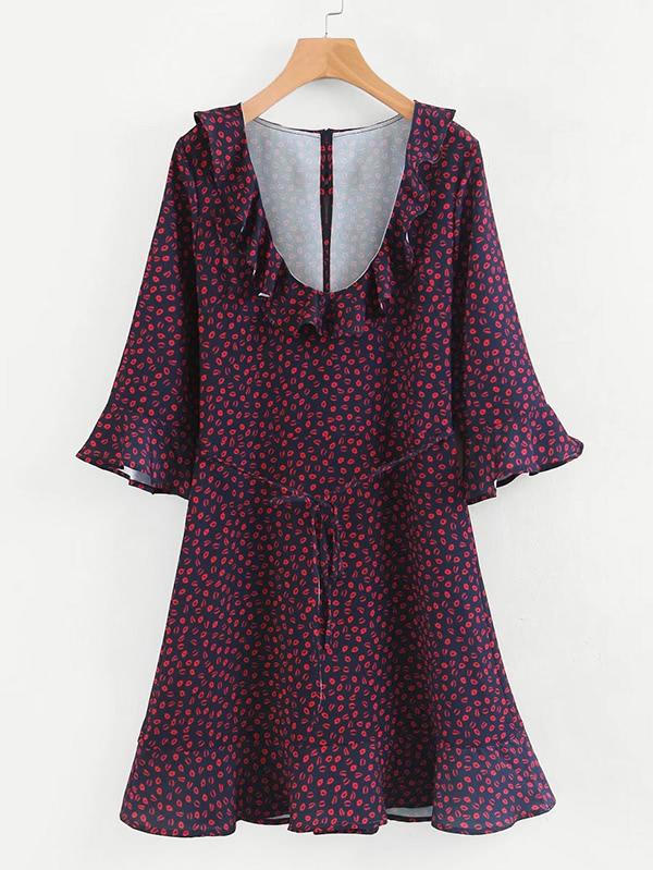 Shein Lip Print Self Tie Flounce Dress