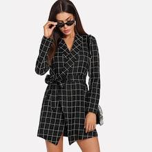 Shein Shawl Collar Self Tie Wrap Grid Coat