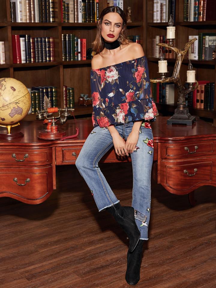 Shein Bardot Flounce Trim Blouse