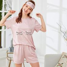 Shein Eye Print Top & Shorts Pj Set With Eye Mask