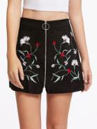 Shein Ring Zip Embroidery Suede Skirt