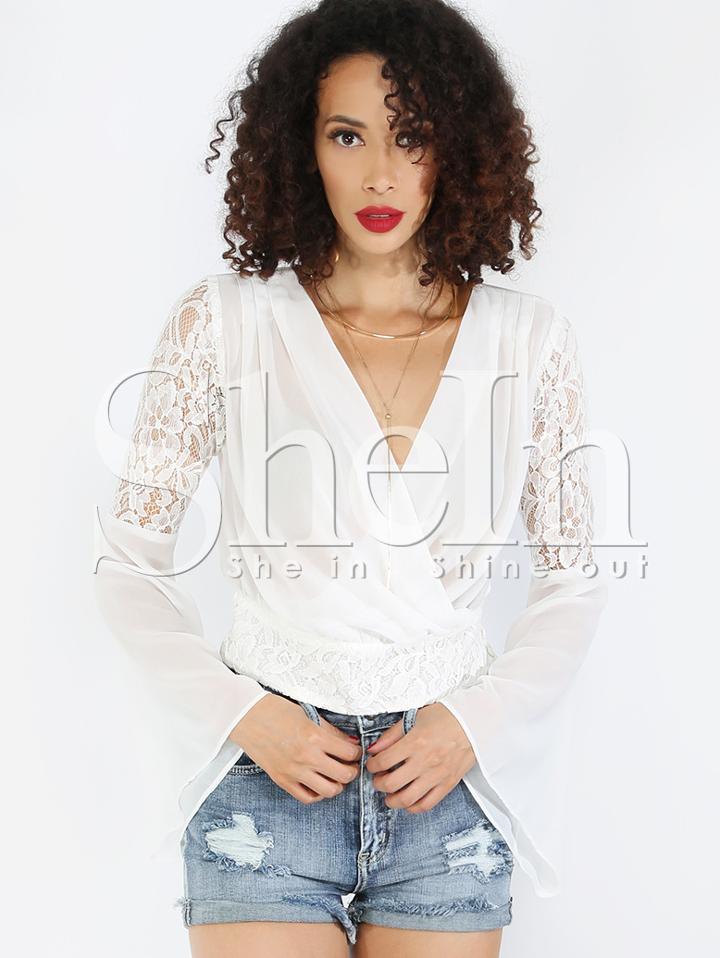 Shein Beige Bell Sleeve Lace Blouse