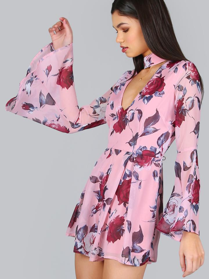 Shein Fluted Sleeve Floral Choker Romper Blush