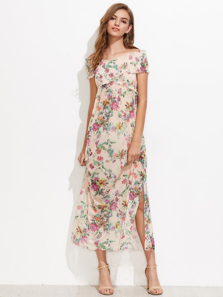 Shein Boat Neckline Split Side Floral Maxi Dress