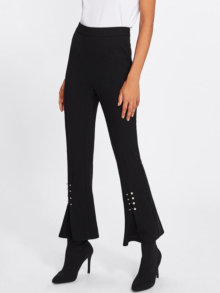 Shein Pearl And Rhinestone Embellished Hem Fold Pleat Flare Pants