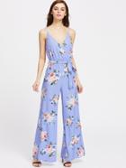 Shein Rose Print Surplice Belted Wide Leg Cami Jumpsuit