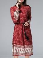 Shein Burgundy Bell Sleeve Tie-waist Pleated Dress