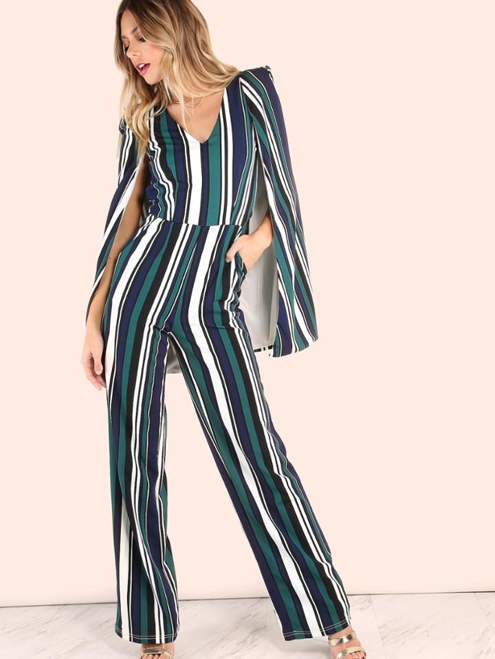 Shein Striped Cape Tailored Jumpsuit Hunter Green