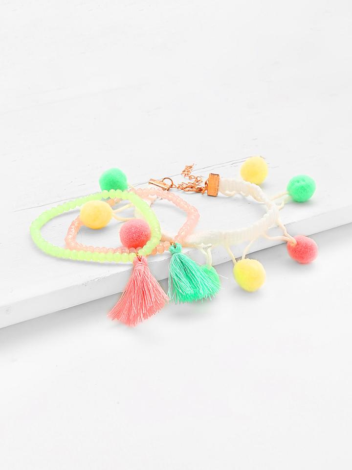 Shein Pom Pom & Tassel Decorated Beaded Bracelet Set