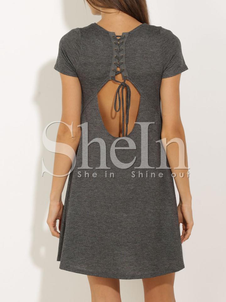 Shein Grey Short Sleeve Lace Up Dress