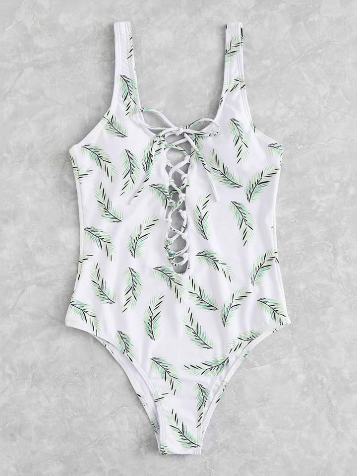 Shein Leaf Print Lace Up Swimsuit