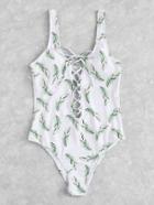 Shein Leaf Print Lace Up Swimsuit