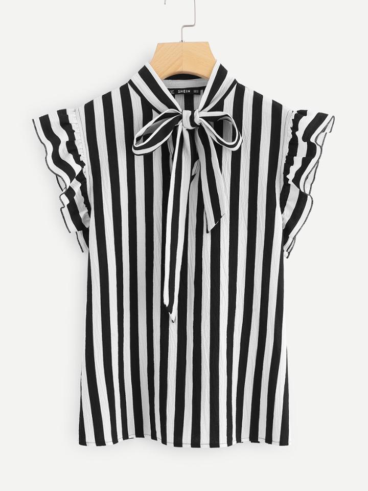 Shein Tie Neck Flutter Sleeve Striped Blouse