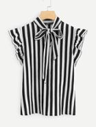 Shein Tie Neck Flutter Sleeve Striped Blouse