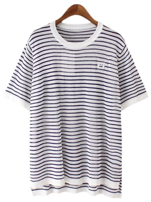 Shein Royal Blue Short Sleeve Dip Hem Linen Stripe T-shirt