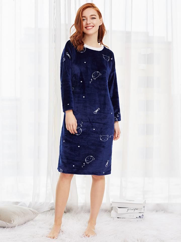Shein Faux Fleece Cartoon Print Night Dress