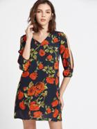 Shein Rose Print Split Sleeve Tunic Dress