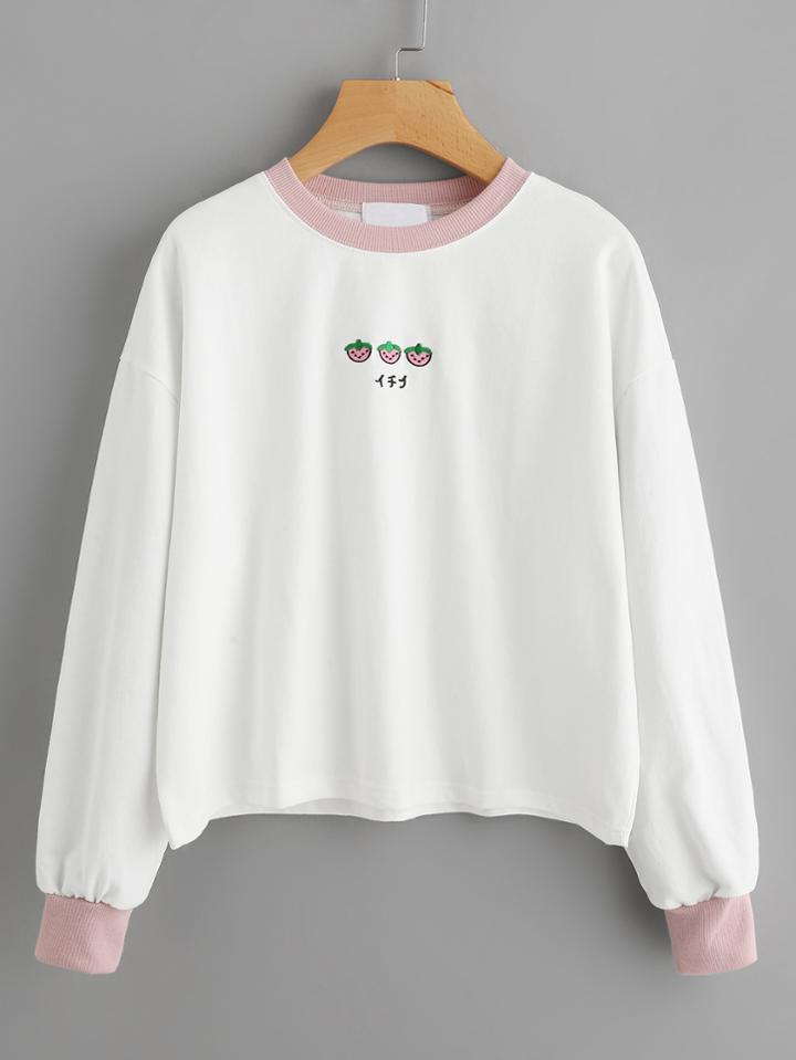 Shein Contrast Trim Strawberry Embroidered Sweatshirt