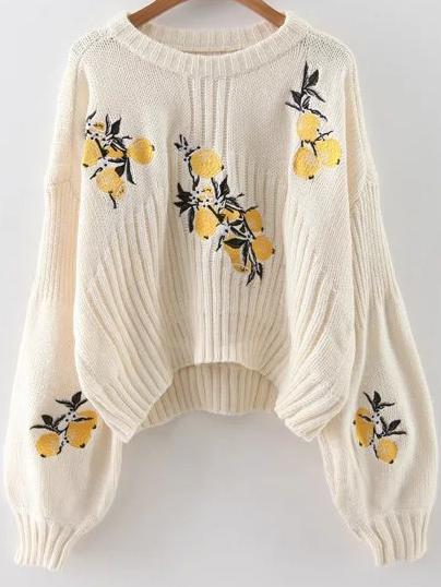 Shein White Lemon Embroidery Lantern Sleeve Dip Hem Sweater