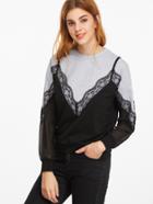 Shein Contrast Lace Trim Sheer Sleeve 2 In 1 Sweatshirt