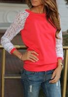 Shein Red Contrast Lace Long Sleeve Loose Sweatshirt