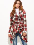 Shein Red Plaid Waterfall Collar Asymmetric Wrap Coat
