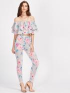 Shein Random Florals Tiered Frill Layered Neckline Top With Leggings