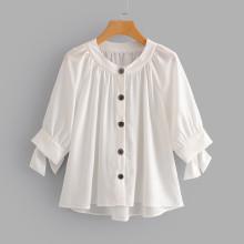Shein Button Front Tie Cuff Blouse