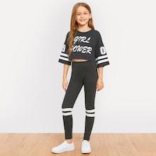 Shein Girls Letter And Striped Print Top And Leggings Set