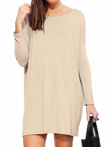 Rosewe Khaki Long Sleeve Round Neck Shift Dress