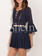 Shein Navy Bell Sleeve Lace-up Pleated Dress