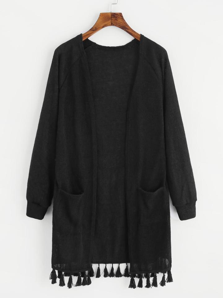 Shein Fringe Hem Double Pockets Open Front Sweater
