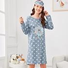 Shein Bear Print Polka Dot Night Dress With Eye Mask