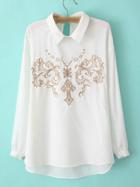 Shein White Keyhole Back Long Sleeve Embroidery Blouse