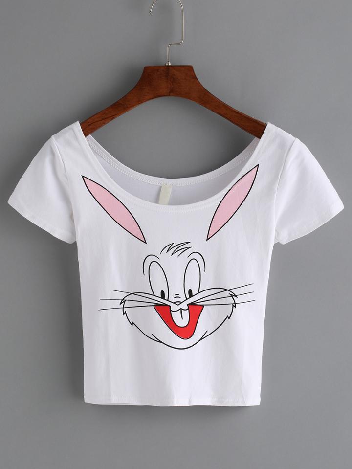 Shein White Rabbit Print Scoop Neck Crop T-shirt