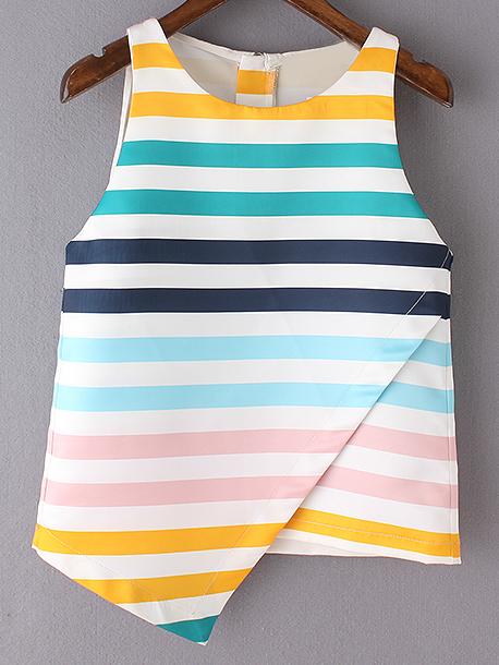 Shein Multicolor Stripe Sleeveless Zipper Back Irregular Hem Blouse