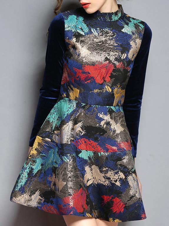 Shein Multicolor Collar Long Sleeve Print Dress