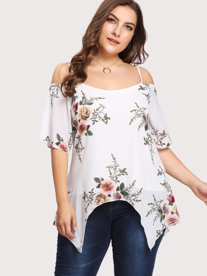 Shein Cold Shoulder Floral Asymmetrical Hem Blouse