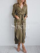 Shein Army Green Long Sleeve Pockets Split Maxi Dress