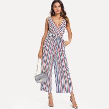 Shein Deep V Neck Tie Waist Wide Leg Jumpsuit