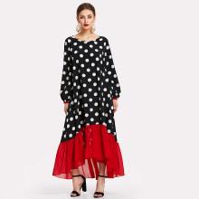 Shein Contrast Ruffle Hem Polka Dot Hijab Long Dress