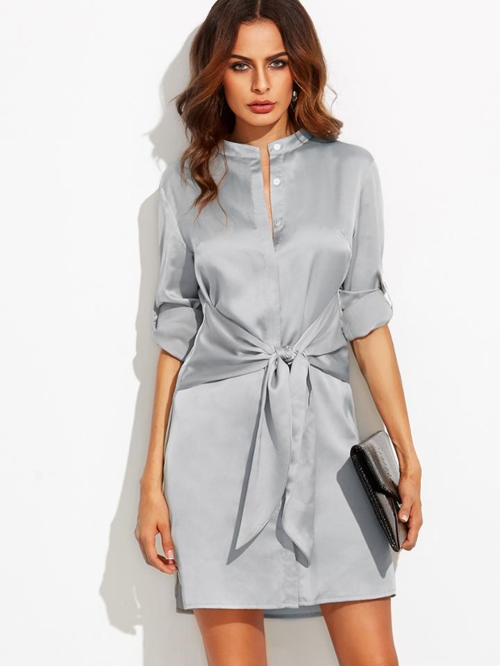 Shein Roll Up Sleeve Tie Waist Split Dress