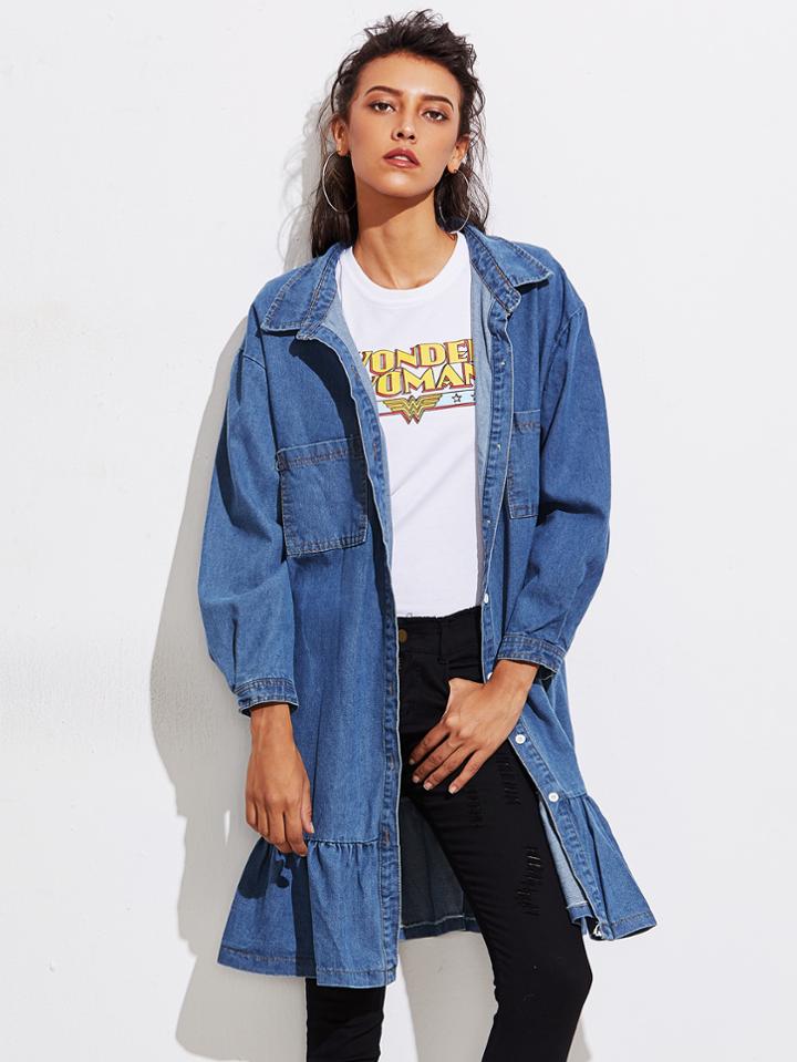 Shein Drop Shoulder Ruffle Hem Denim Coat