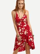 Shein Red Flower Print Crisscross Wrap Cami Dress