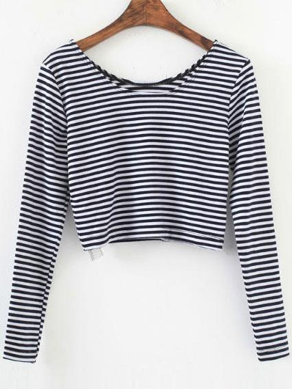 Shein Black Striped Long Sleeve Crop T-shirt