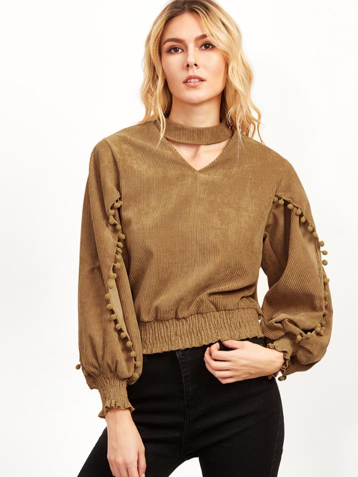 Shein Cut Out Neck Lantern Sleeve Elastic Hem Pompom Top