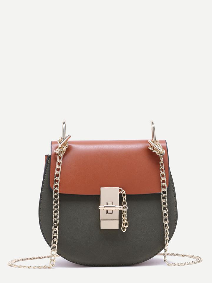 Shein Color Block Pu Flap Saddle Chain Bag
