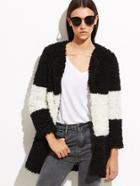 Shein Color Block Collarless Fluffy Coat